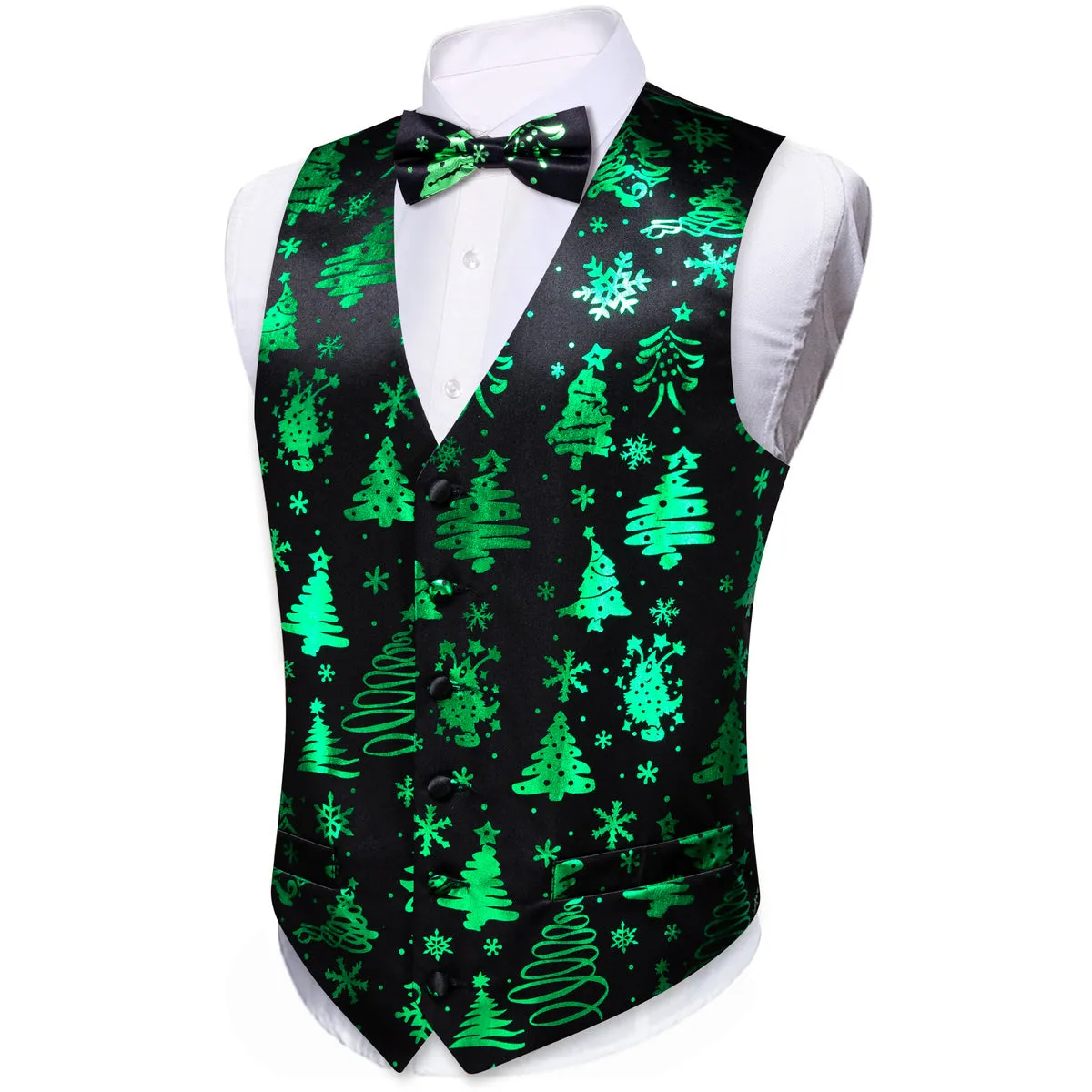 Midnight Black & Evergreen Christmas Tree Waistcoat Set