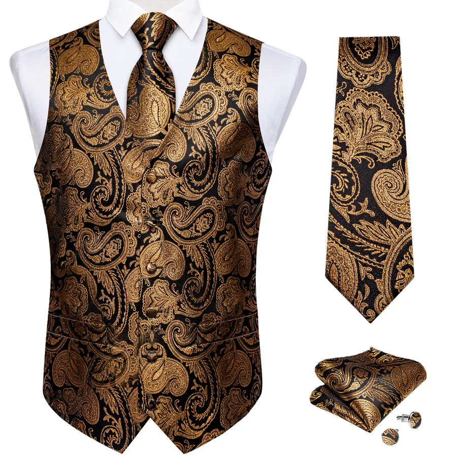 Onyx Black & Gold Silk Paisley Vest Set