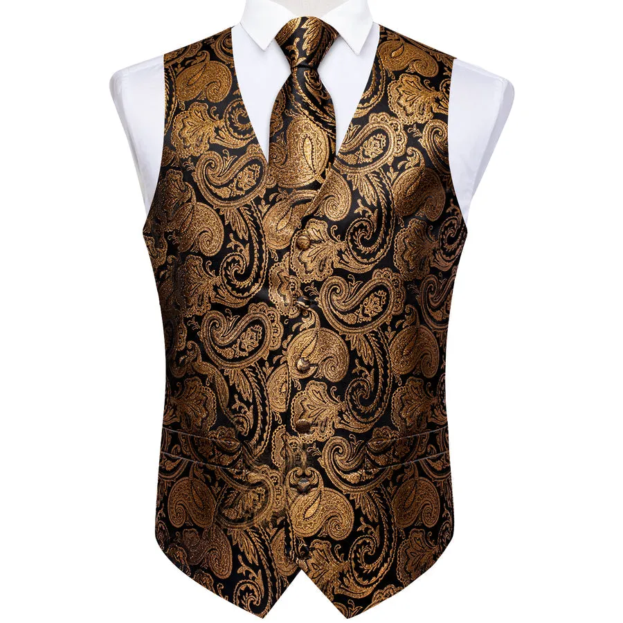 Onyx Black & Gold Silk Paisley Vest Set