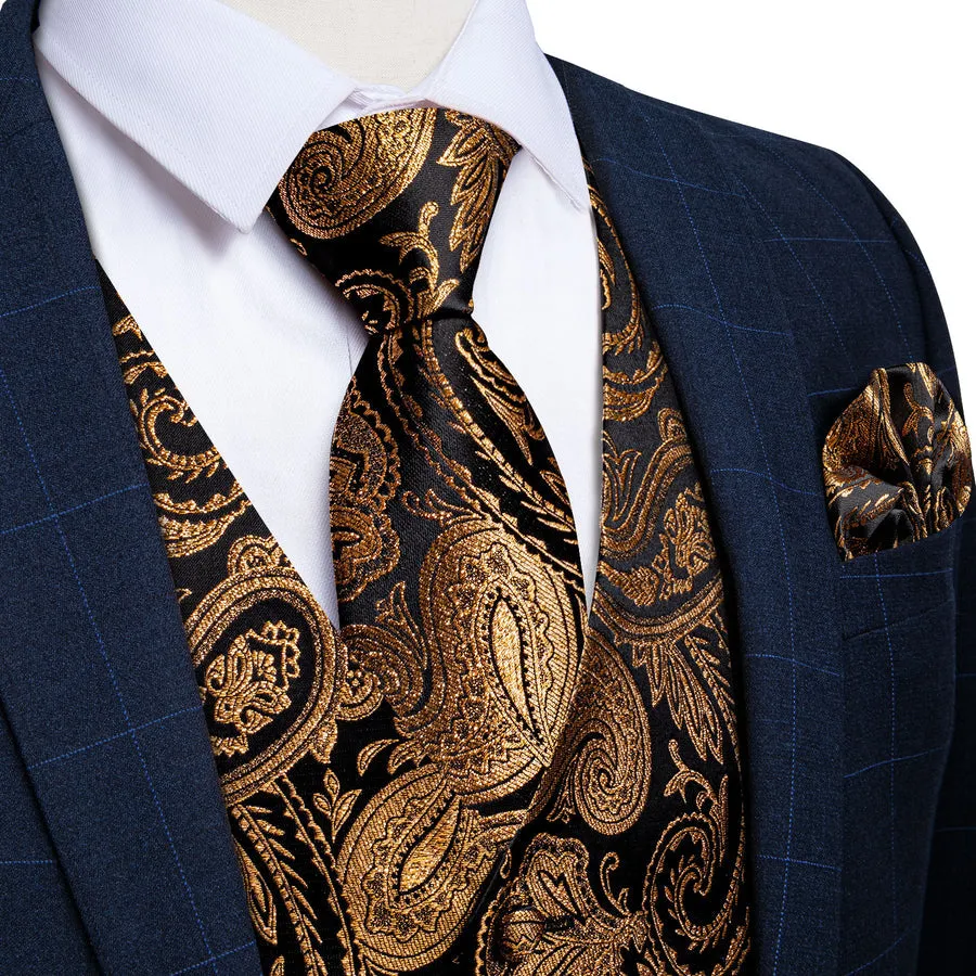 Onyx Black & Gold Silk Paisley Vest Set