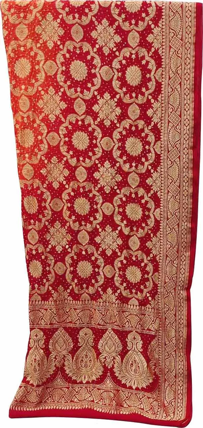 Orange & Red Banarasi Bandhani Handloom Pure Georgette Three Piece Unstitched Suit Set