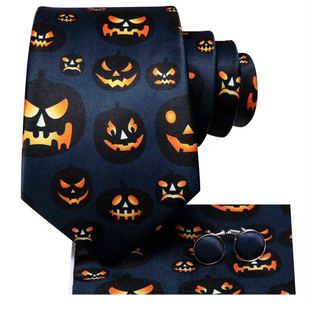 Orange Halloween Necktie Set with Jack-O'-Lantern Design