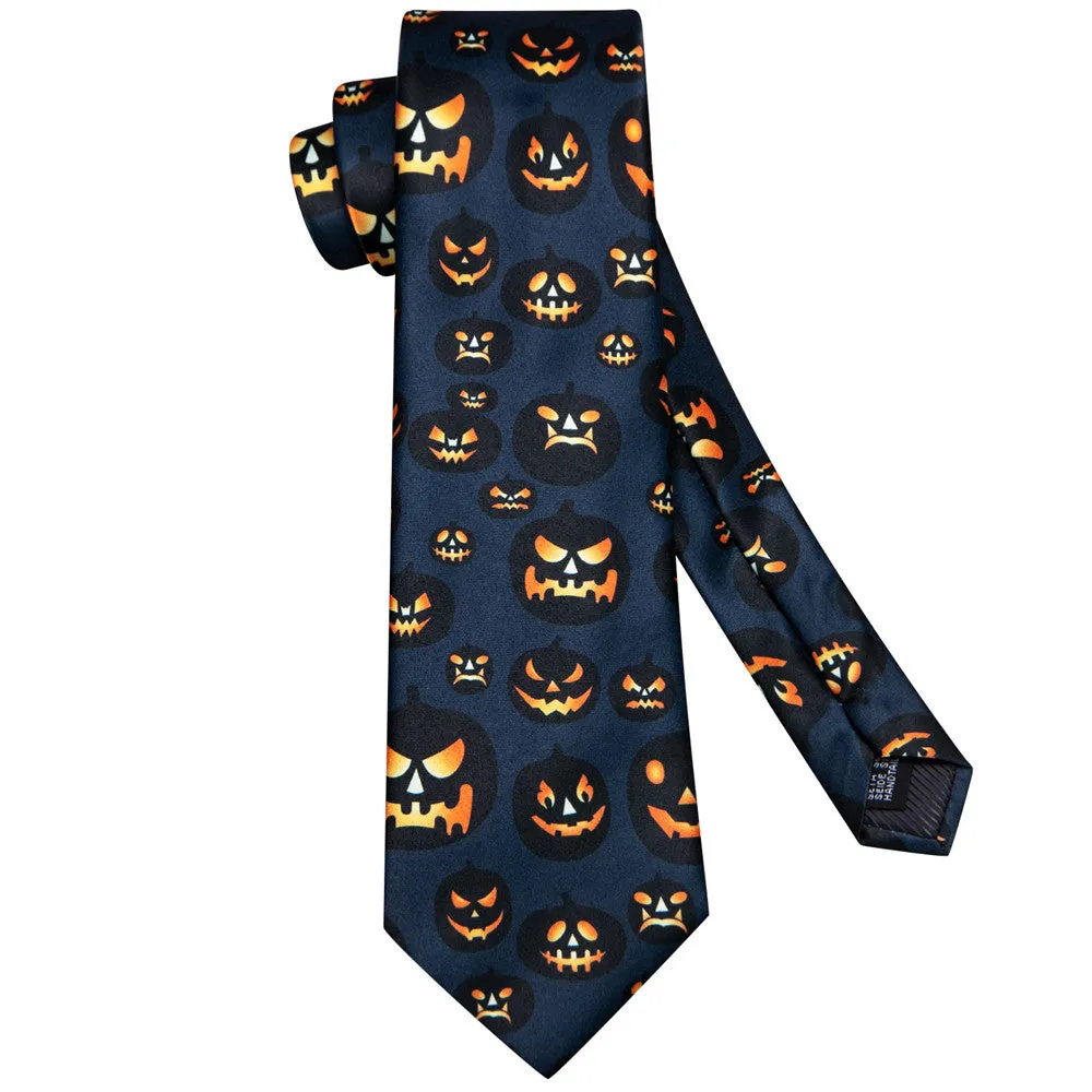 Orange Halloween Necktie Set with Jack-O'-Lantern Design