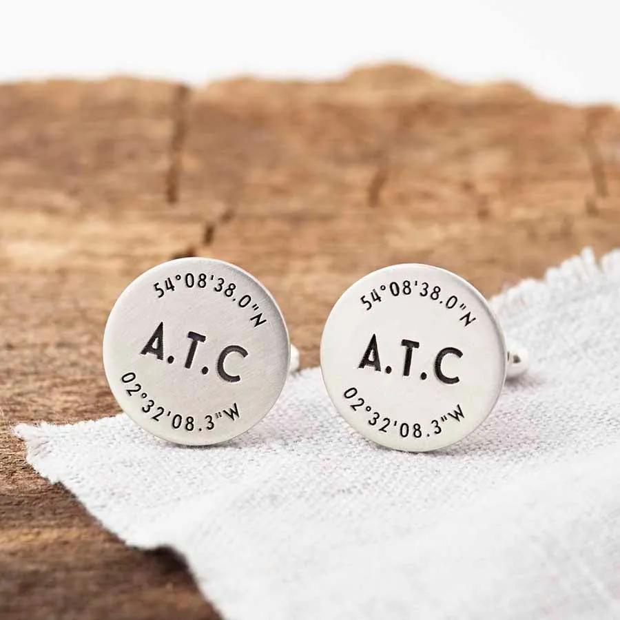 Personalised Coordinate And Initials Silver Cufflinks