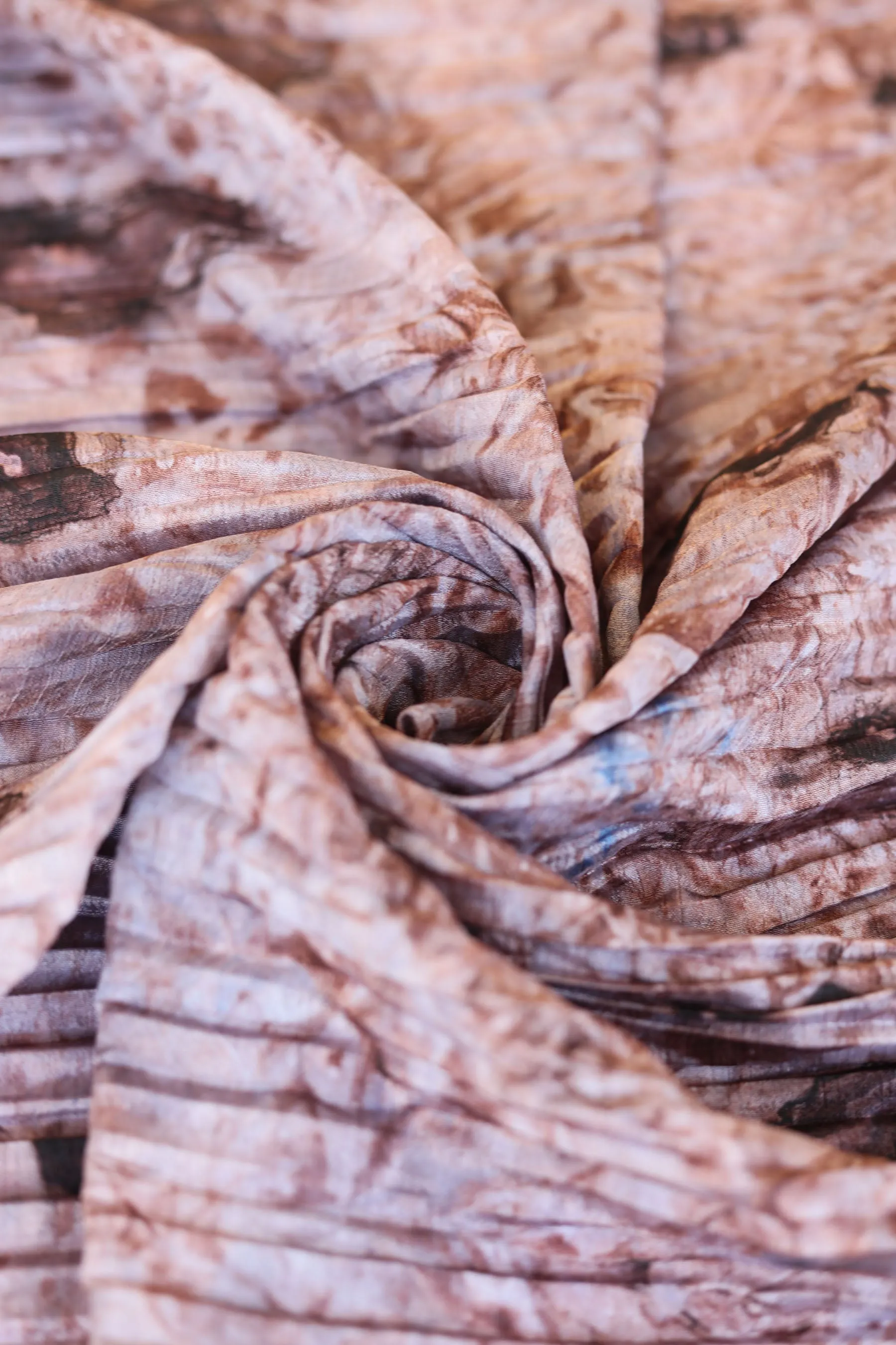 Pleated Brown Textured Pattern Printed Chinon Fabric