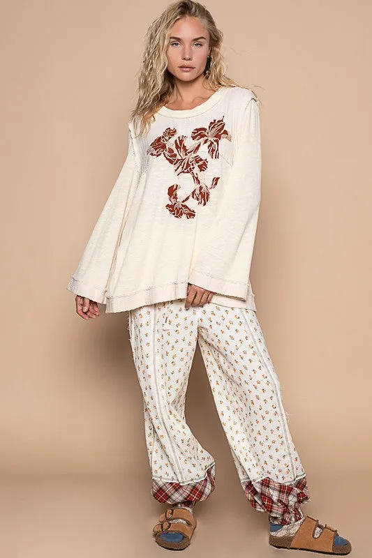 POL Women Knit Top Flower Embroidered Round Neck Long Sleeve Cream