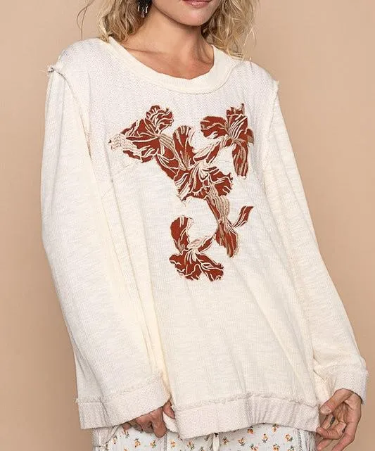 POL Women Knit Top Flower Embroidered Round Neck Long Sleeve Cream