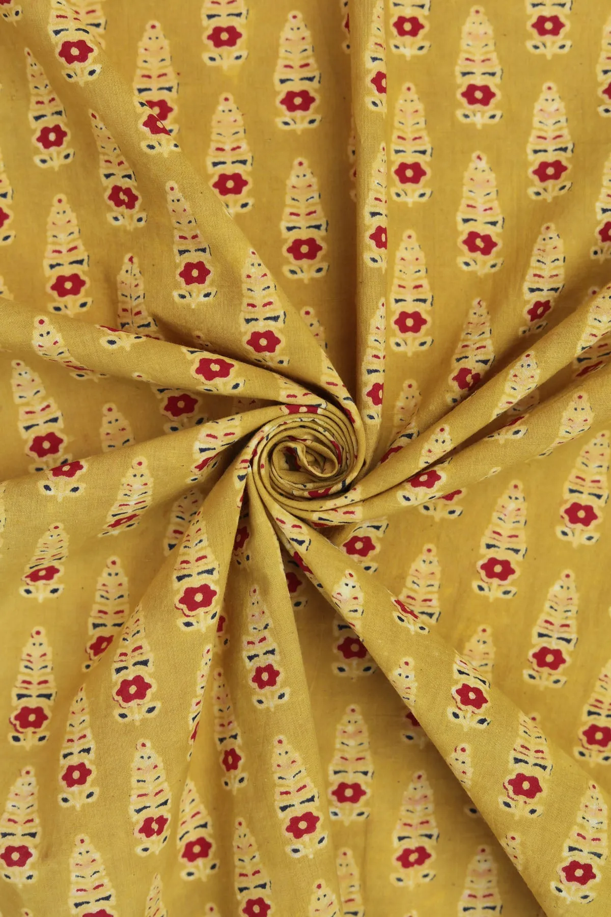 Pure Ajrakh Cotton Mustard Floral Hand Block Printed Fabric