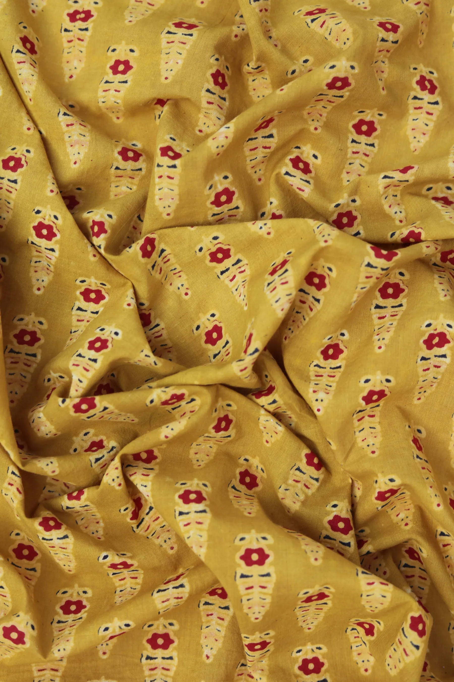 Pure Ajrakh Cotton Mustard Floral Hand Block Printed Fabric