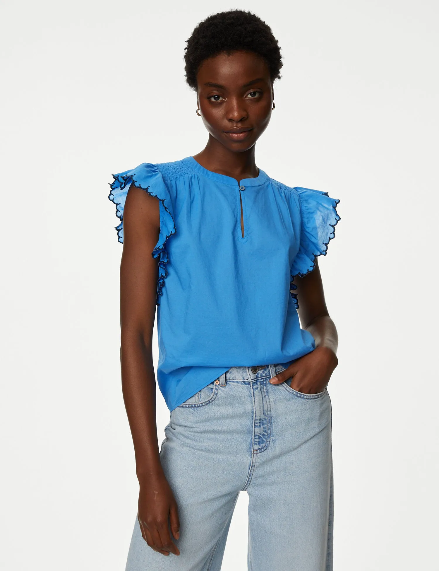 Pure Cotton V-Neck Frill Sleeve Blouse