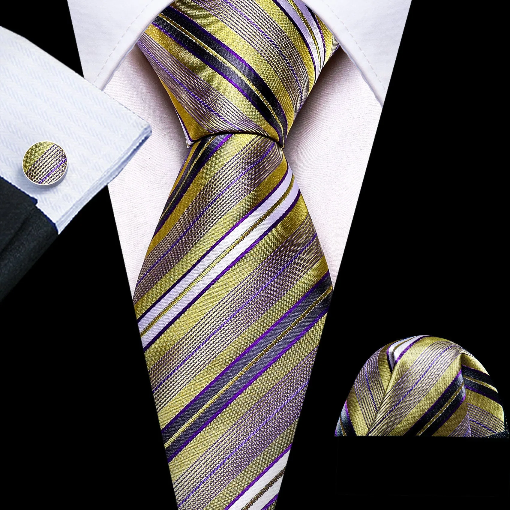 Purple and Gold Striped Silk Tie, Pocket Square and Cufflinks