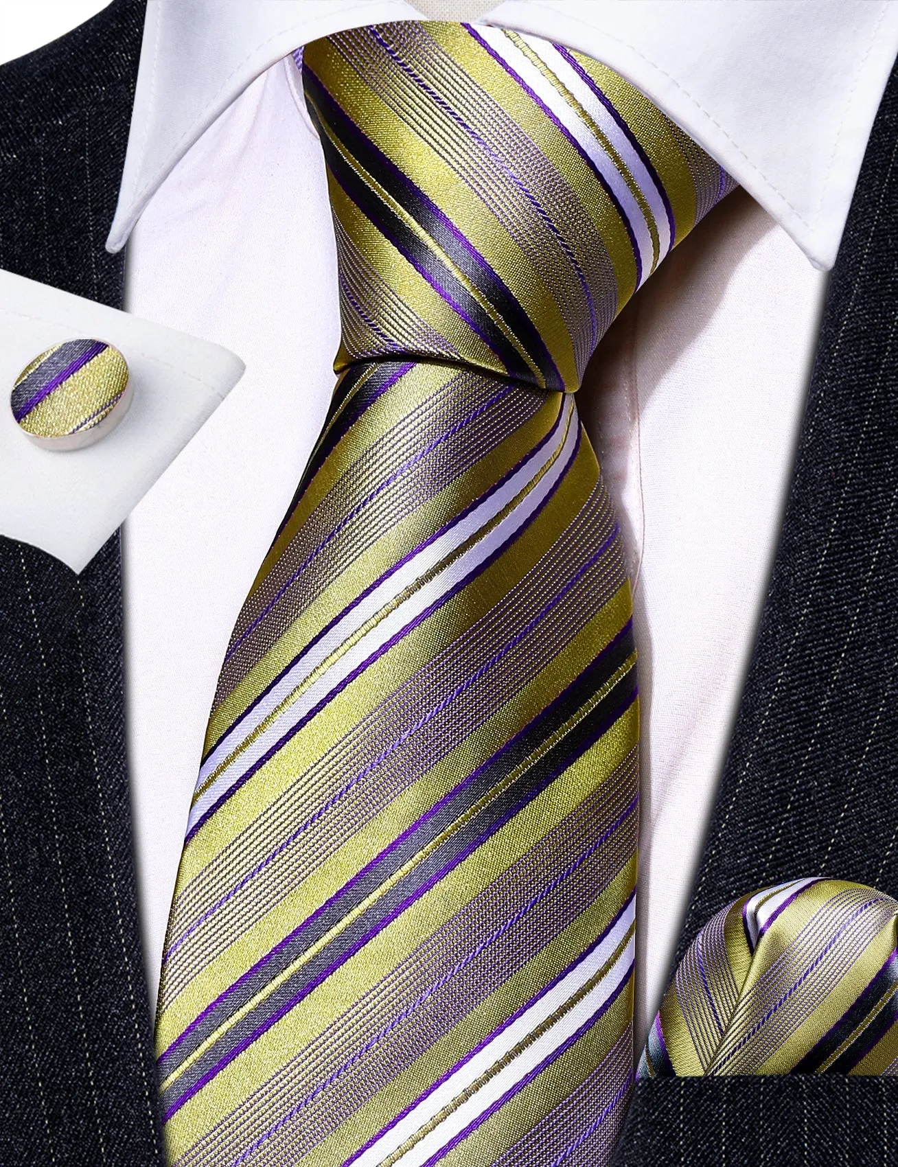 Purple and Gold Striped Silk Tie, Pocket Square and Cufflinks