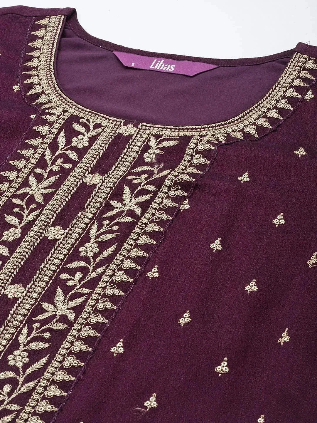 Purple Embroidered Silk Blend Straight Kurta With Palazzos & Dupatta