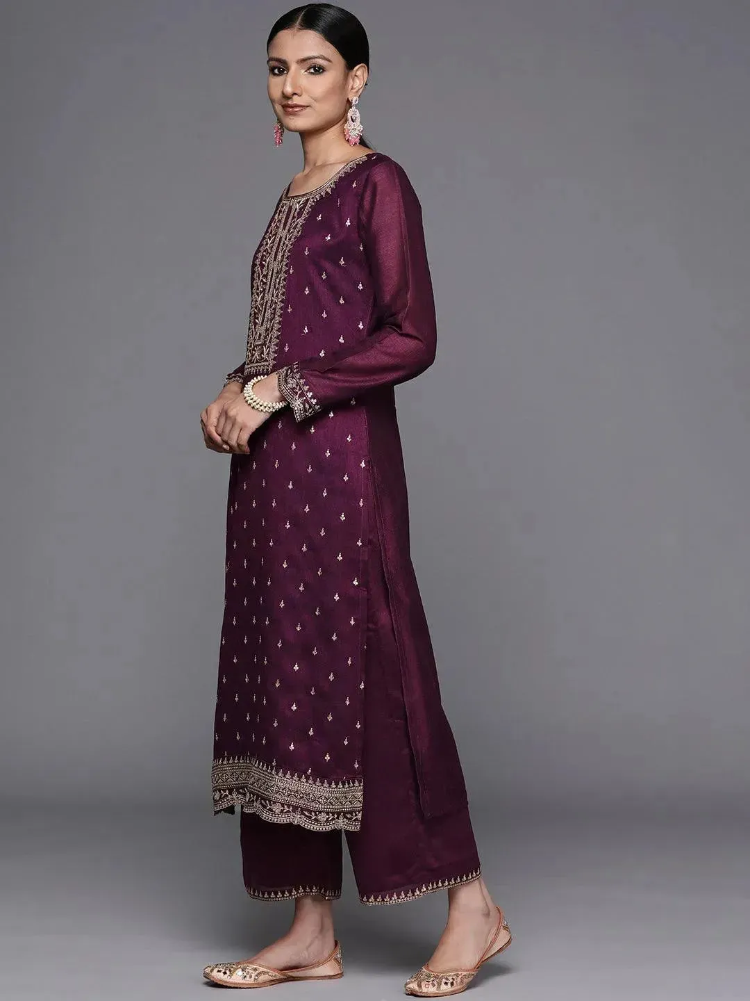 Purple Embroidered Silk Blend Straight Kurta With Palazzos & Dupatta