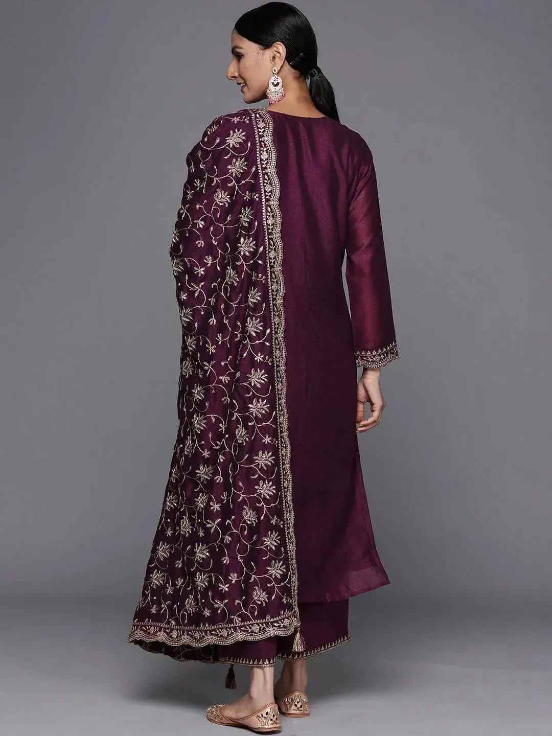 Purple Embroidered Silk Blend Straight Kurta With Palazzos & Dupatta