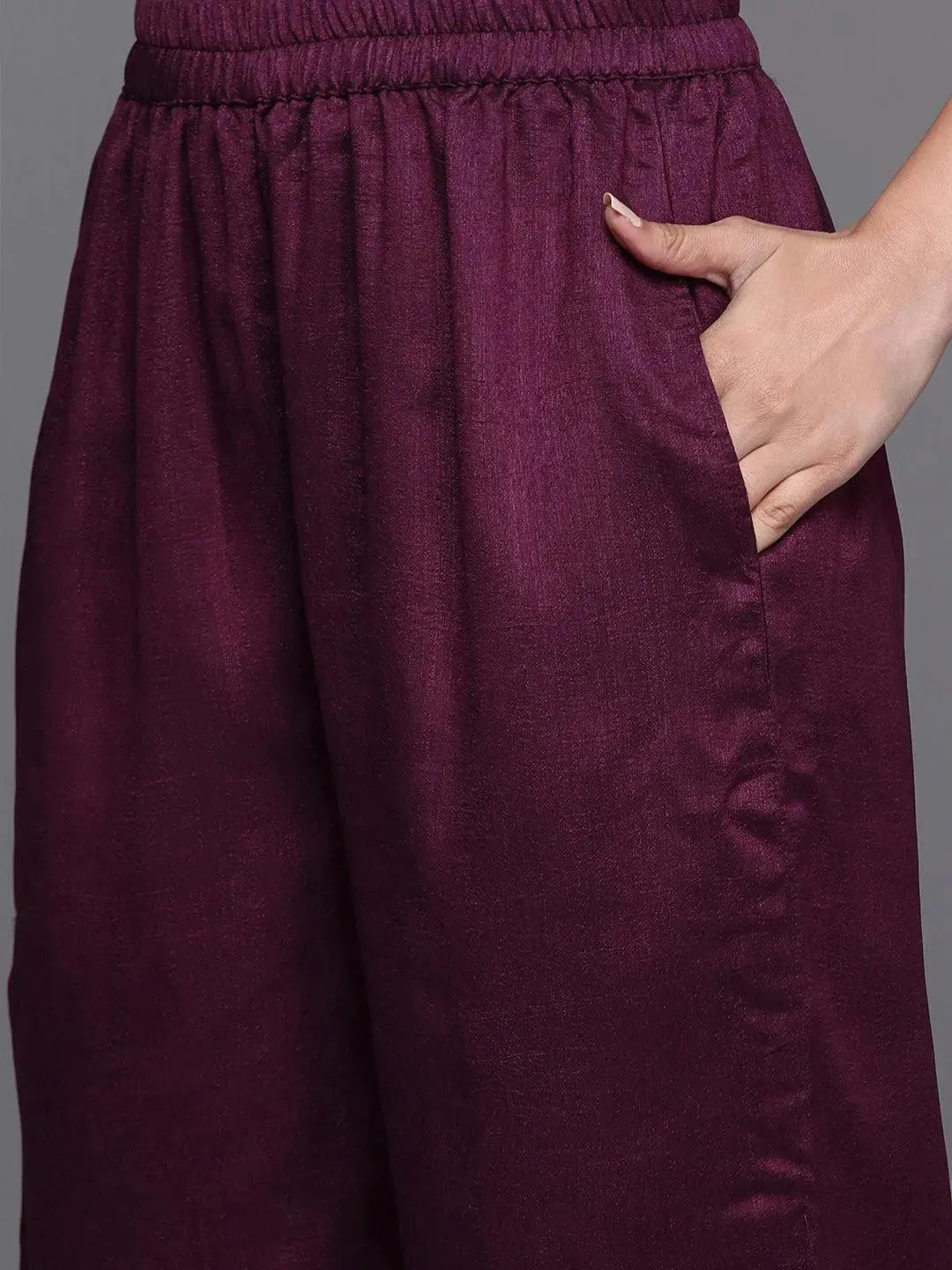 Purple Embroidered Silk Blend Straight Kurta With Palazzos & Dupatta