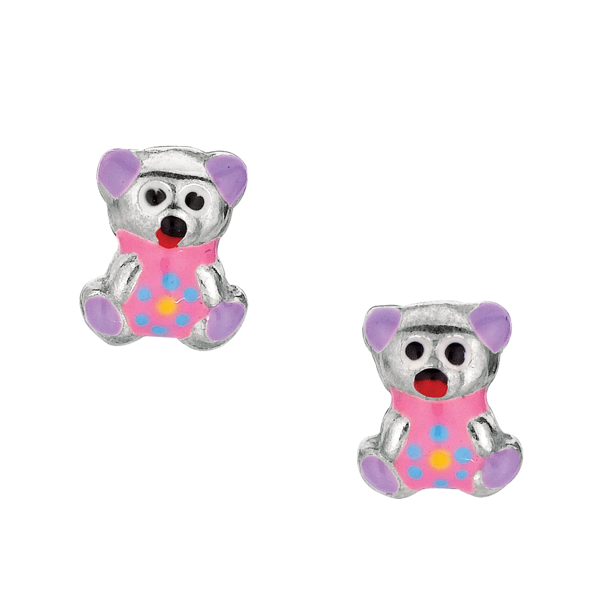 Purple Theme Enamel Kids Teddy Bear Stud Earrings In Sterling Silver