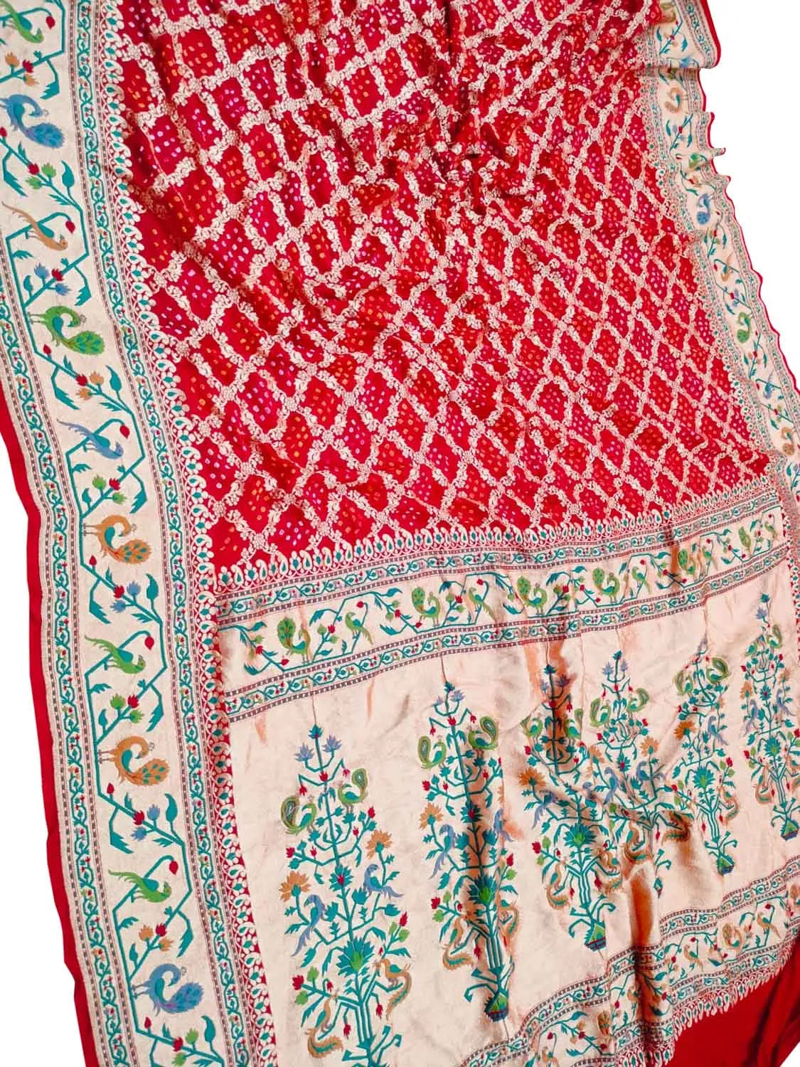 Red Bandhani Banarasi Pure Georgette Meenakari Saree