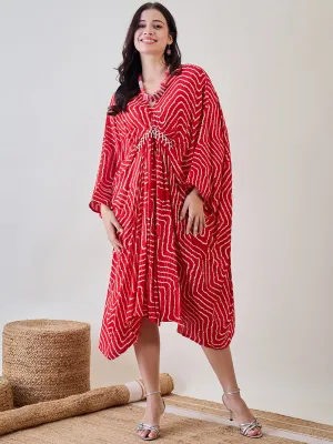 Red Pure Silk Freesize Bandhani Kaftan with Pearls