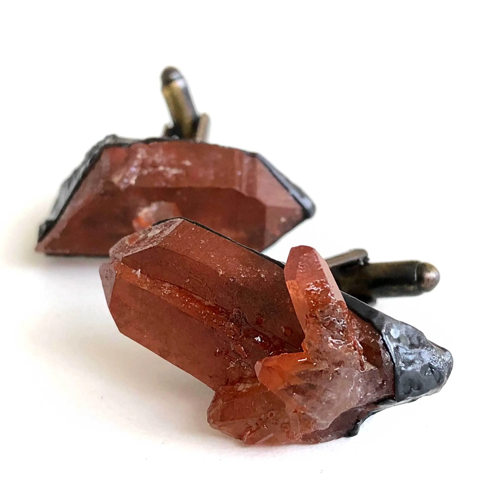 Red Quartz Electroformed Cufflinks, Hematoid quartz crystal cuff links