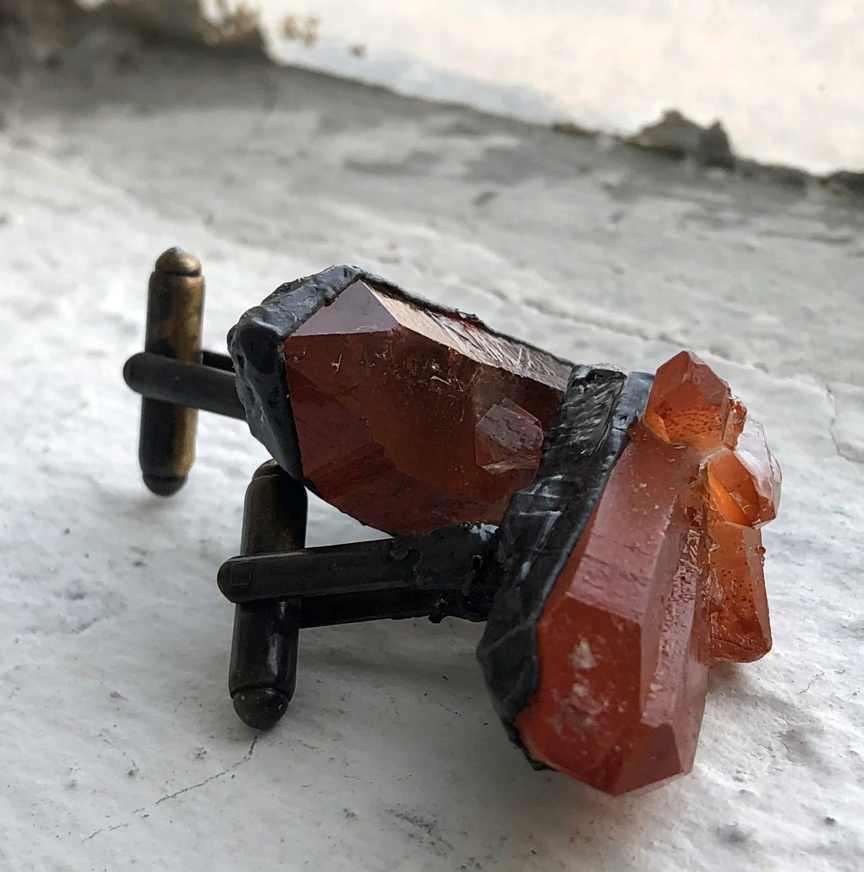 Red Quartz Electroformed Cufflinks, Hematoid quartz crystal cuff links