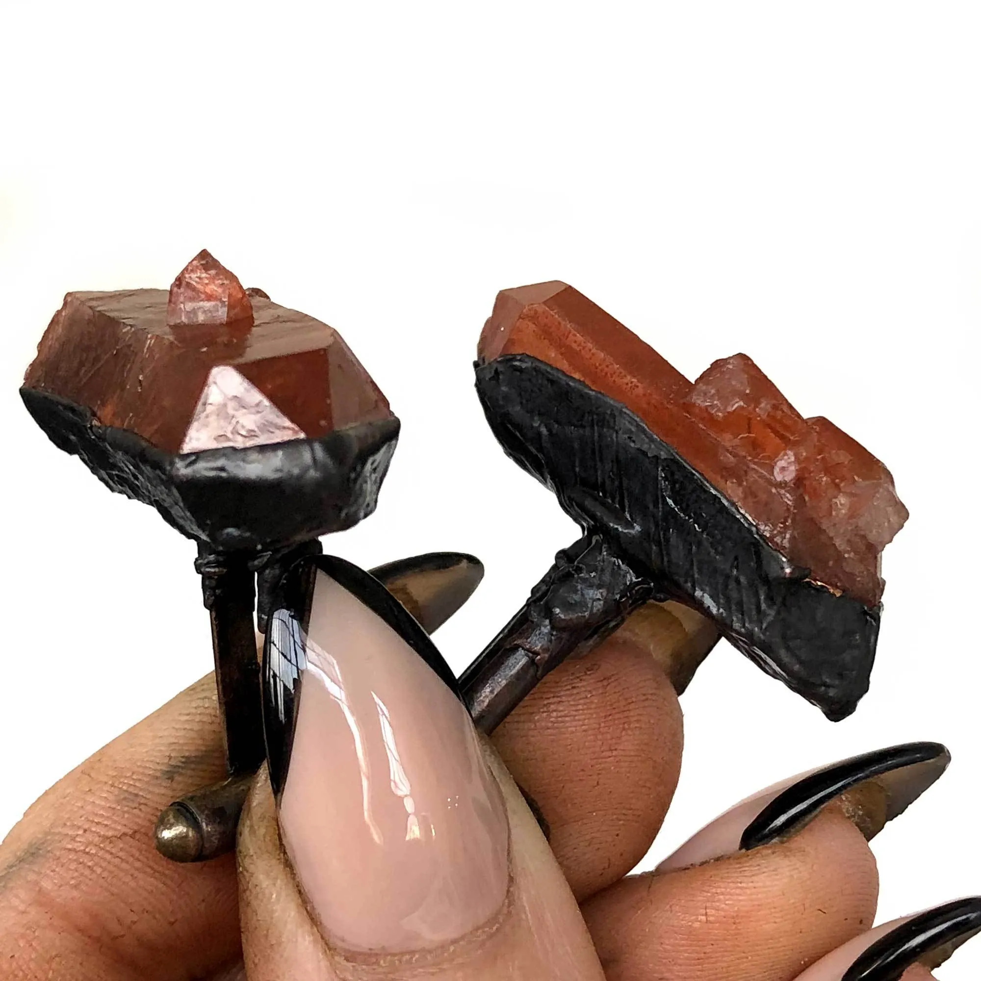 Red Quartz Electroformed Cufflinks, Hematoid quartz crystal cuff links