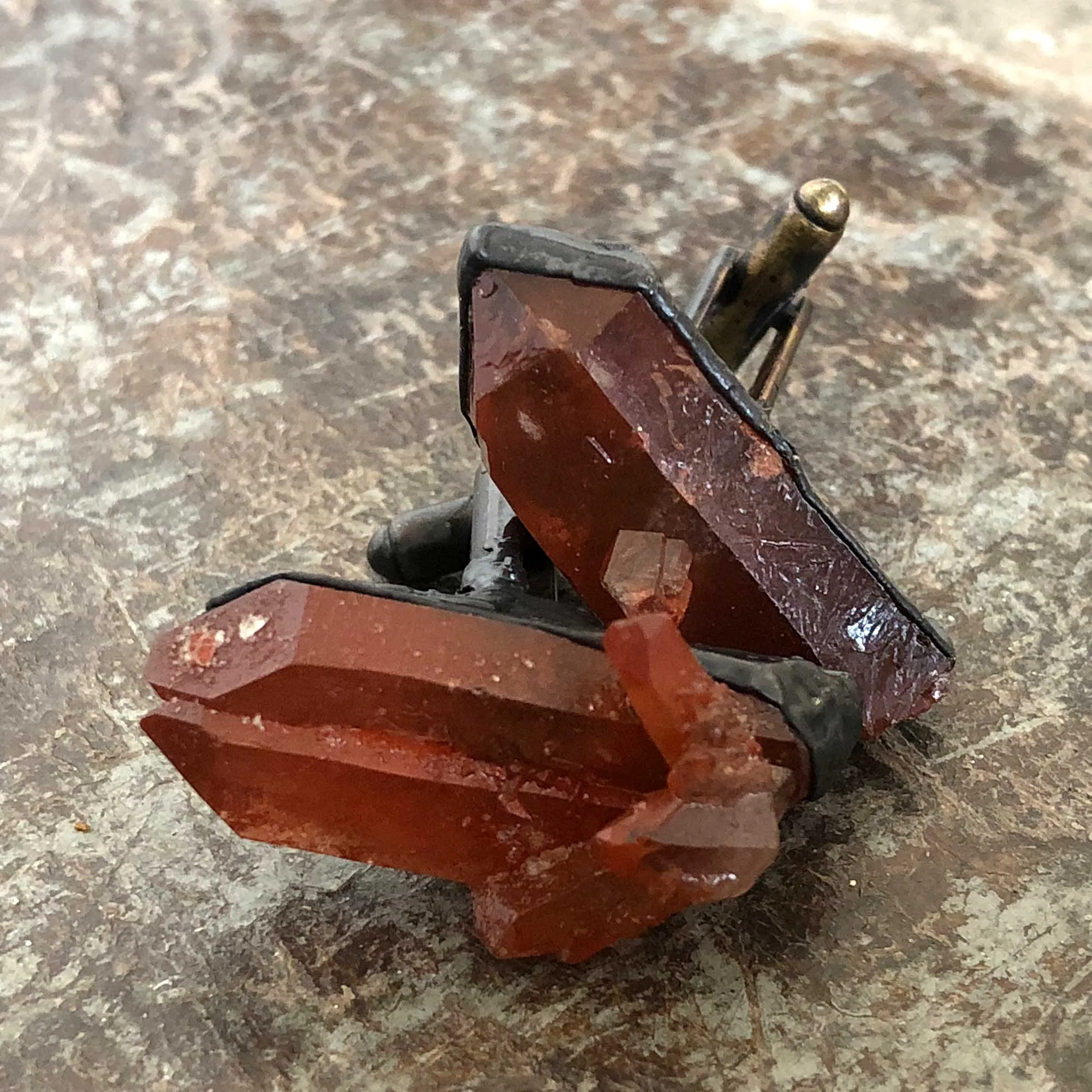 Red Quartz Electroformed Cufflinks, Hematoid quartz crystal cuff links