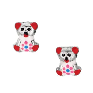 Red Theme Enamel Kids Teddy Bear Stud Earrings In Sterling Silver