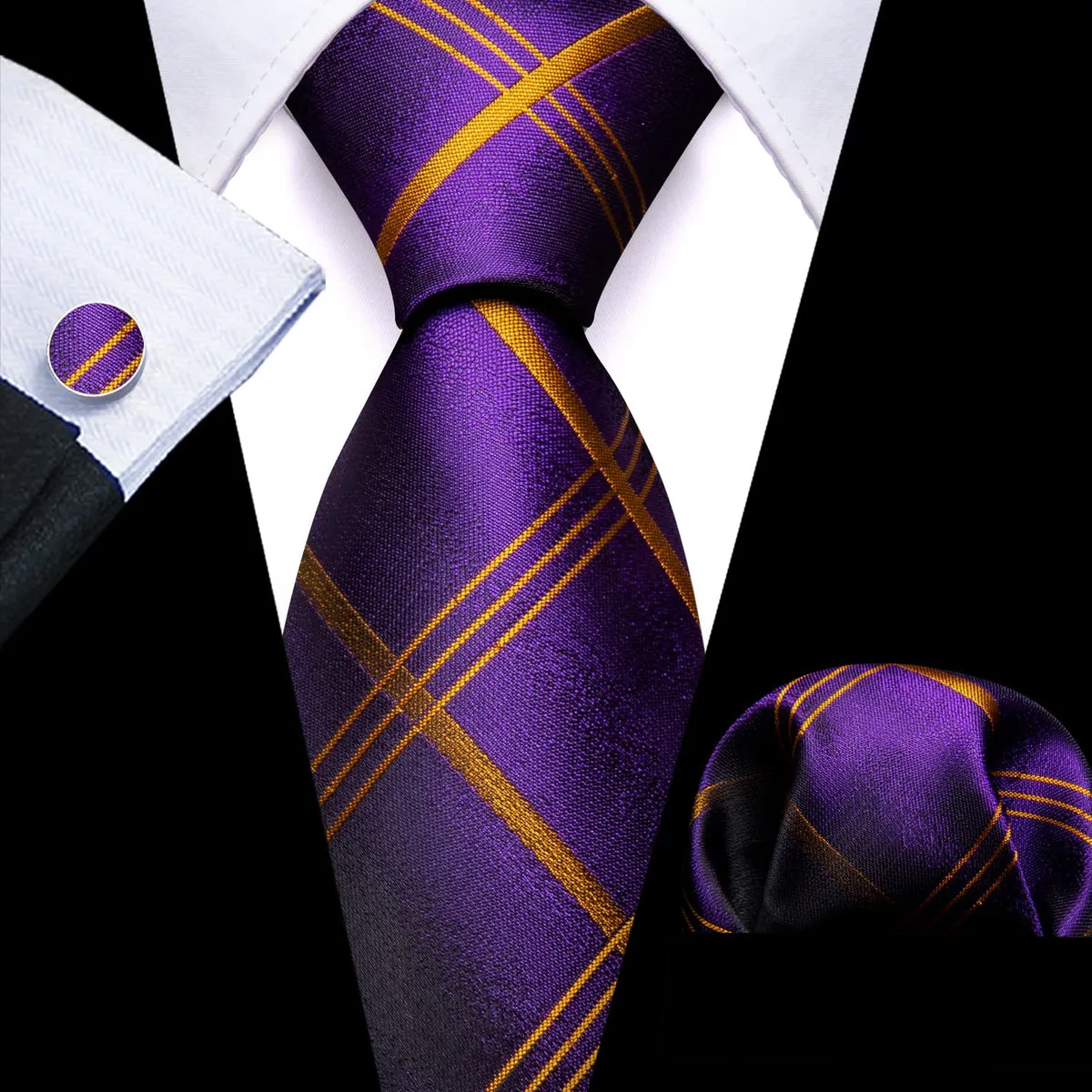 Regal Purple and Gold Plaid Tie, Pocket Square, and Cufflinks Set