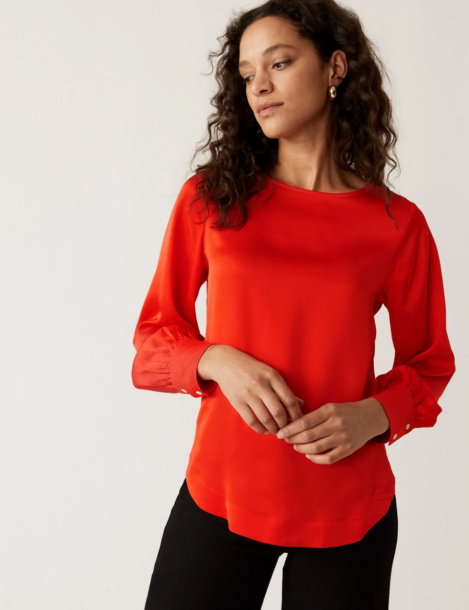 Satin Round Neck Long Sleeve Top