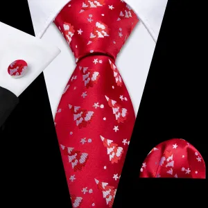 Scarlet Red & White Christmas Tree Tie, Pocket Square, and Cufflinks Set