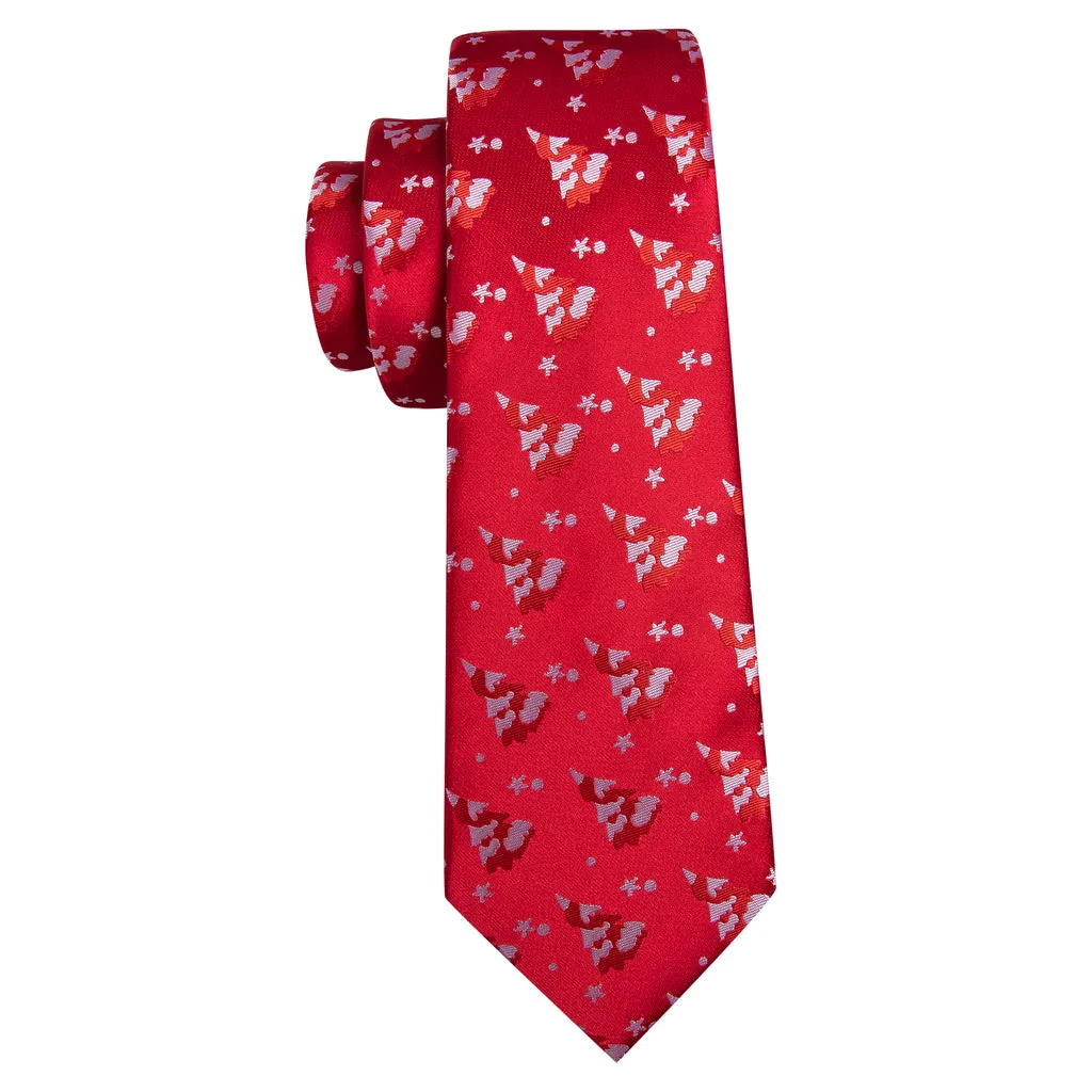 Scarlet Red & White Christmas Tree Tie, Pocket Square, and Cufflinks Set