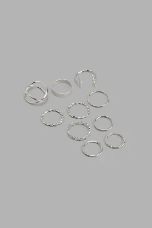 Silver Embossed Rings Set (Pack Of 11)