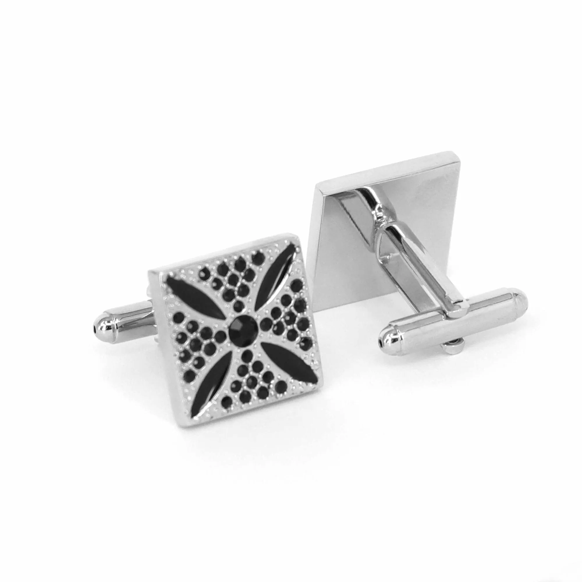 Square silver with Black enamel flower design cufflinks