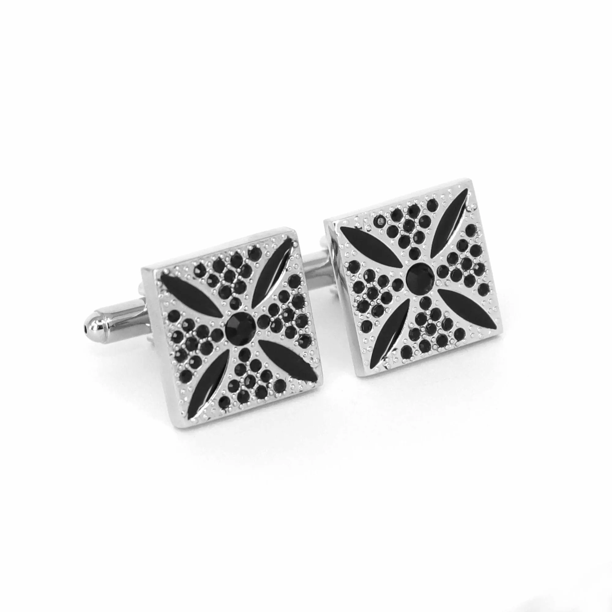 Square silver with Black enamel flower design cufflinks