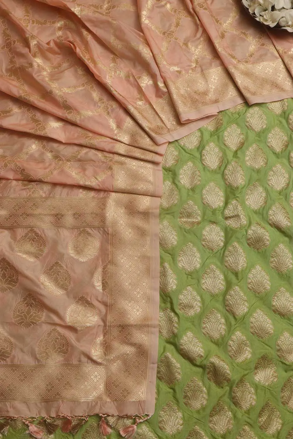 Stunning Green Banarasi Silk Suit With Pink Banarasi Silk Dupatta