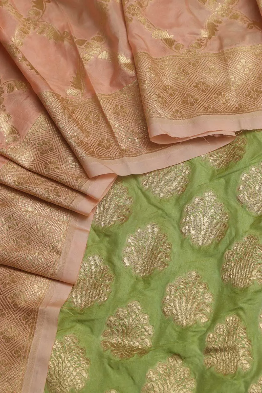 Stunning Green Banarasi Silk Suit With Pink Banarasi Silk Dupatta