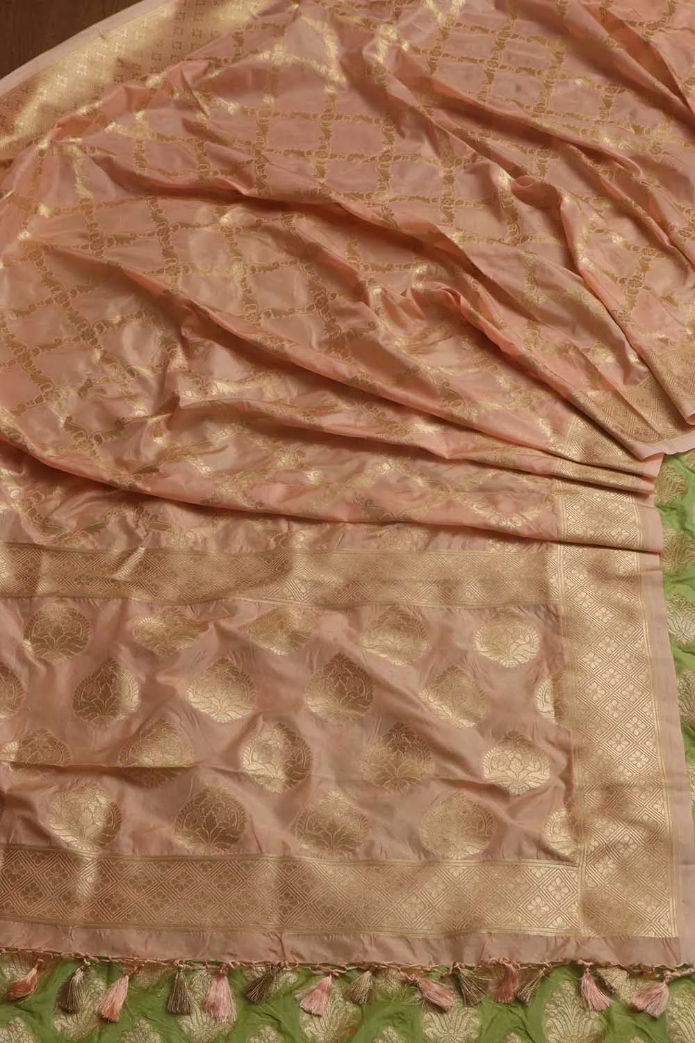 Stunning Green Banarasi Silk Suit With Pink Banarasi Silk Dupatta