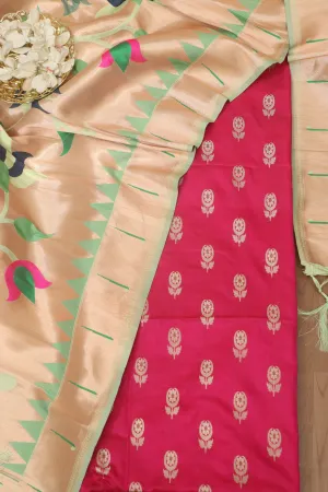 Stunning Pink Banarasi Silk Suit With Green Paithani Silk Peacock Floral Dupatta