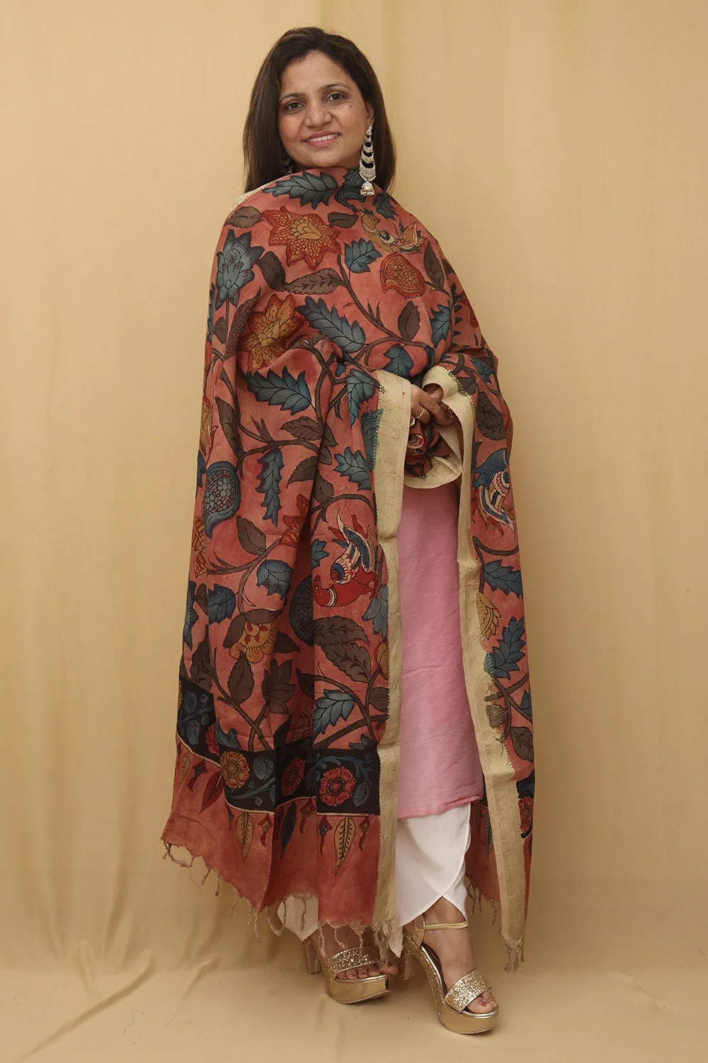 Stunning Red Pen Kalamkari Pure Silk Dupatta - Perfect for Any Occasion!