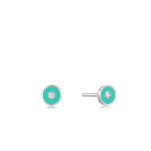 Teal Enamel Disc Silver Stud Earrings