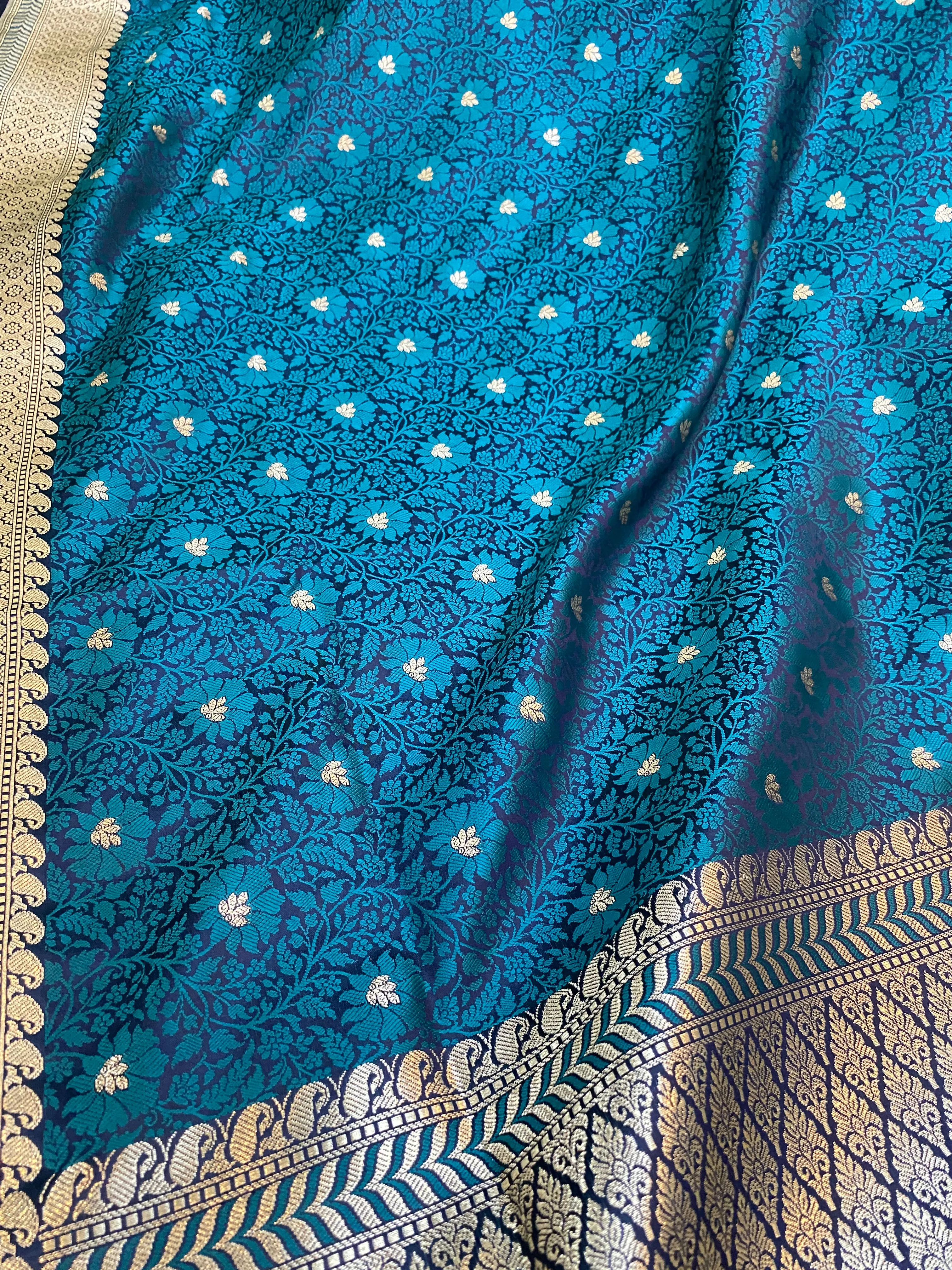 Turquoise Blue Pure Katan Silk Banarasi Saree: Jaal Work Tanchui Weave Splendor