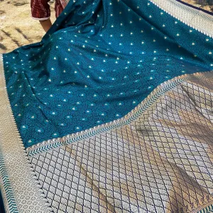 Turquoise Blue Pure Katan Silk Banarasi Saree: Jaal Work Tanchui Weave Splendor