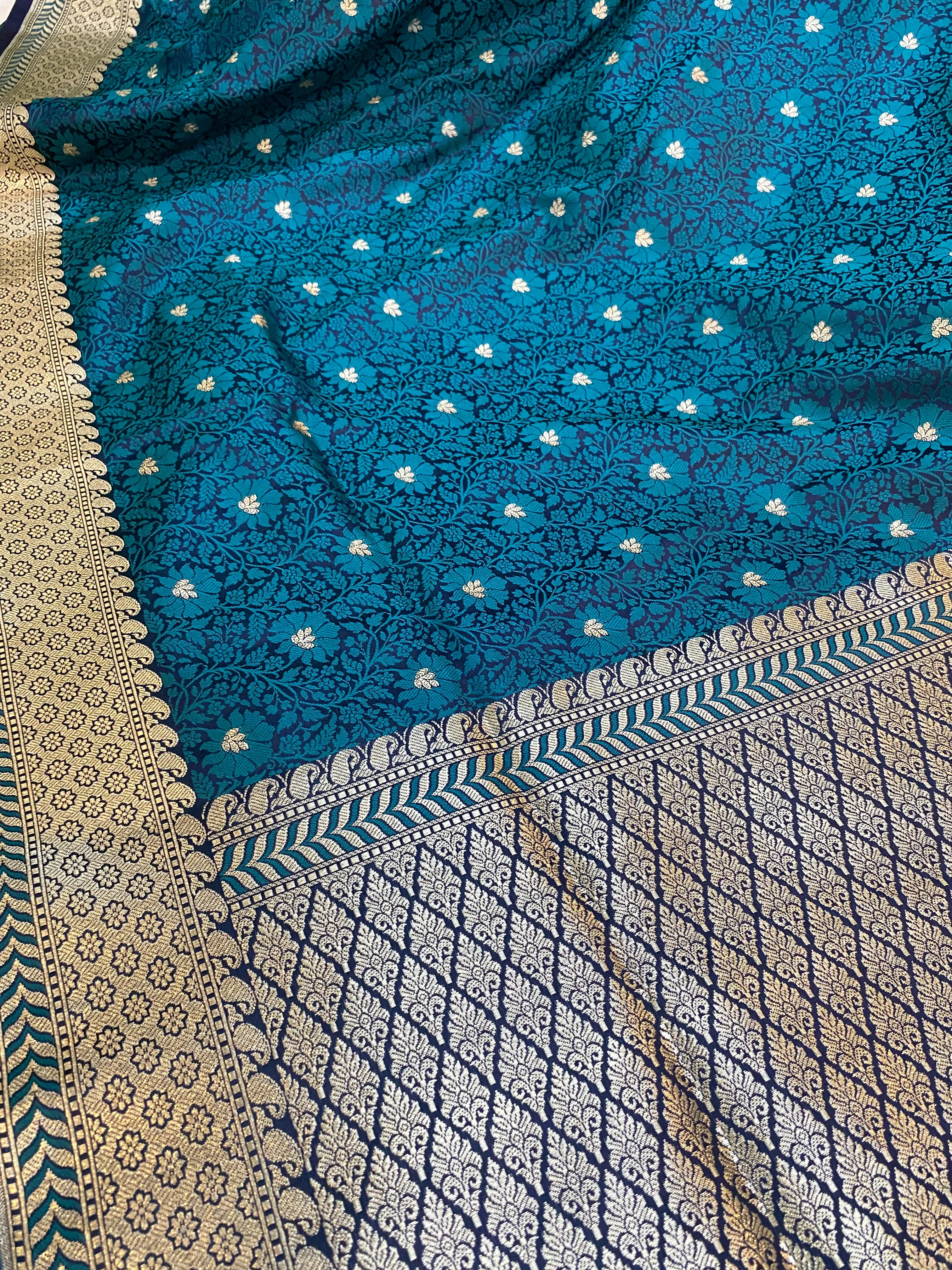 Turquoise Blue Pure Katan Silk Banarasi Saree: Jaal Work Tanchui Weave Splendor