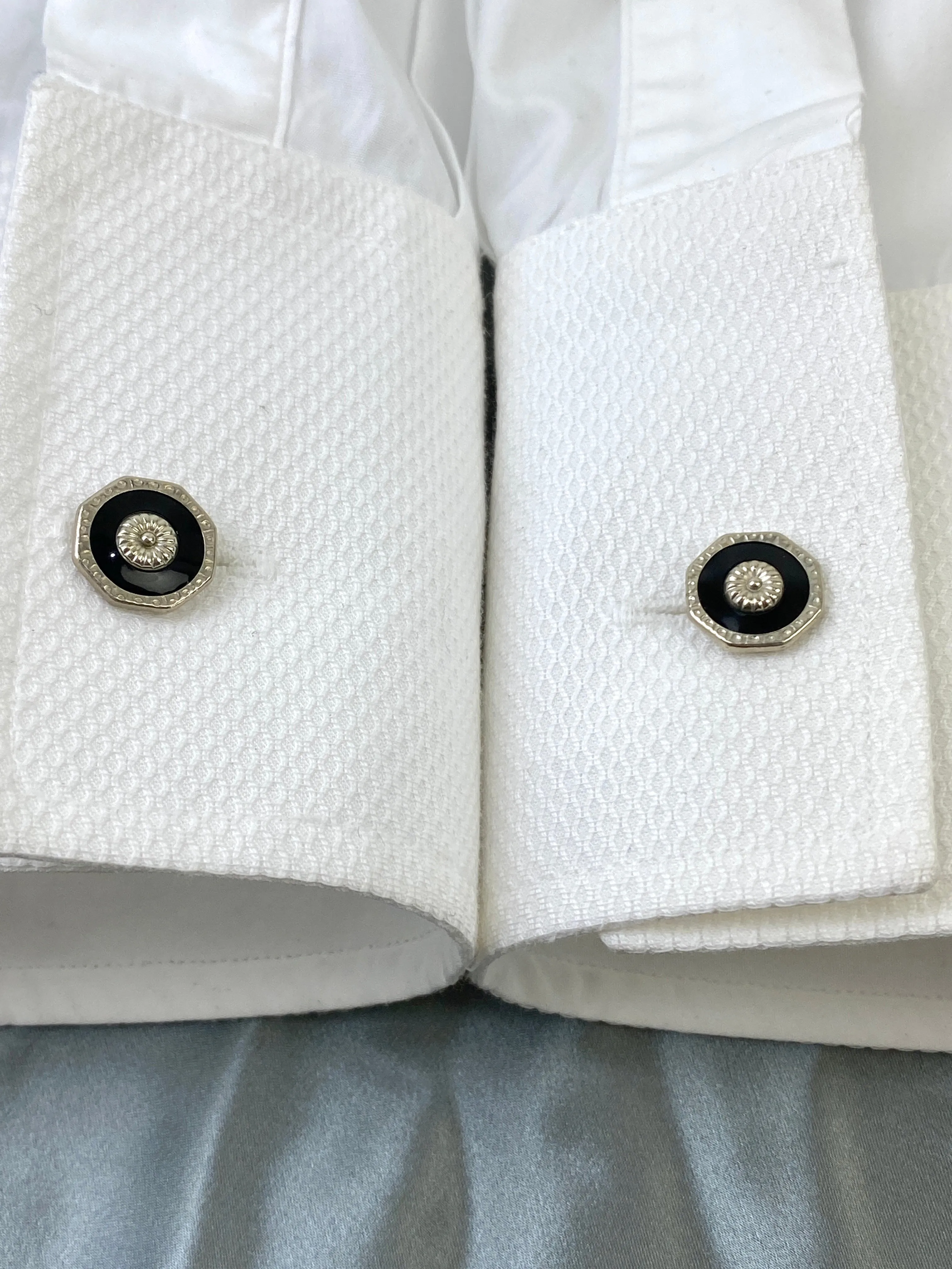 Vintage 1910s Men's Cufflinks, Octagonal Silver with Black Celluloid, Bean-Back