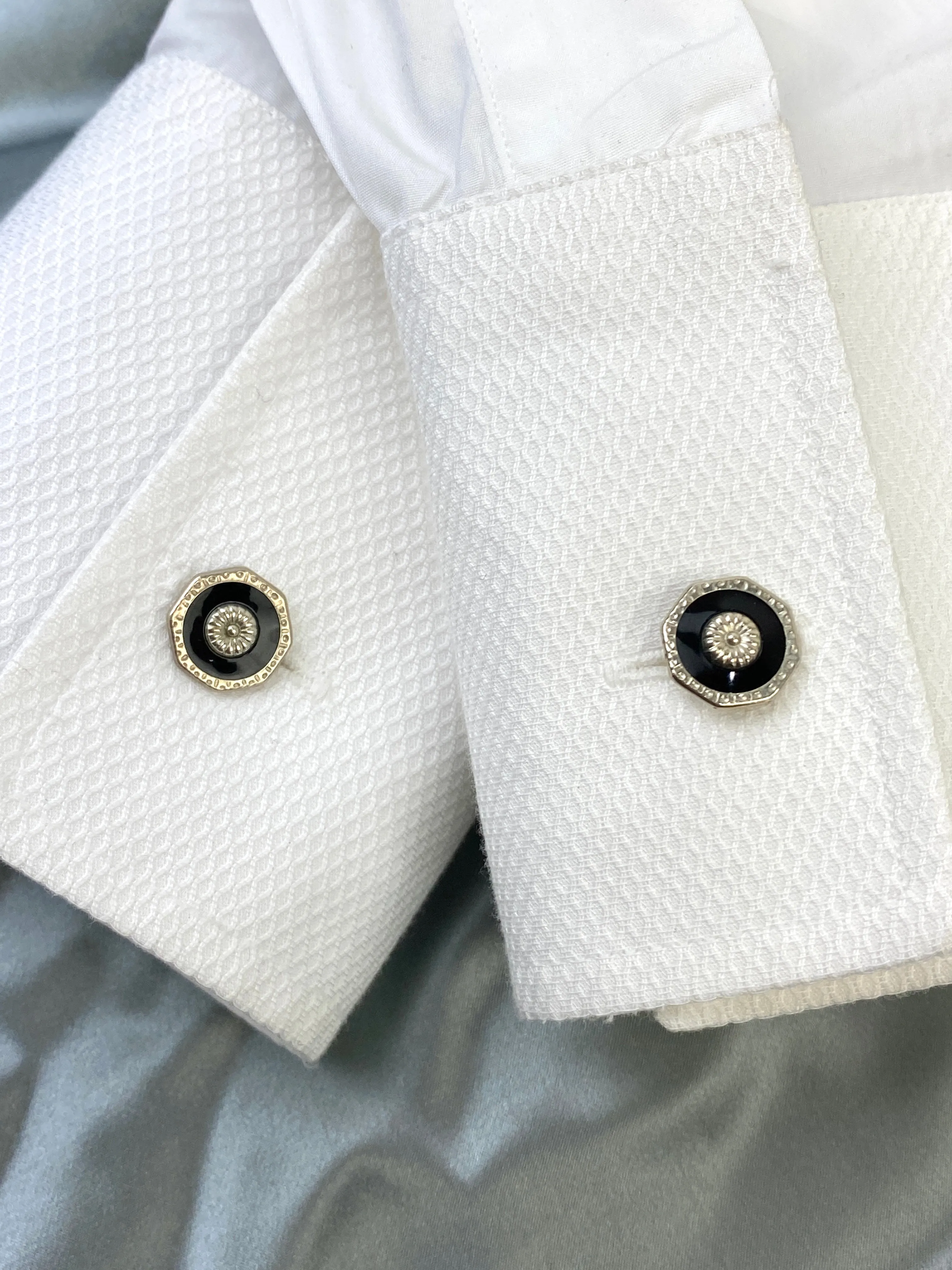 Vintage 1910s Men's Cufflinks, Octagonal Silver with Black Celluloid, Bean-Back