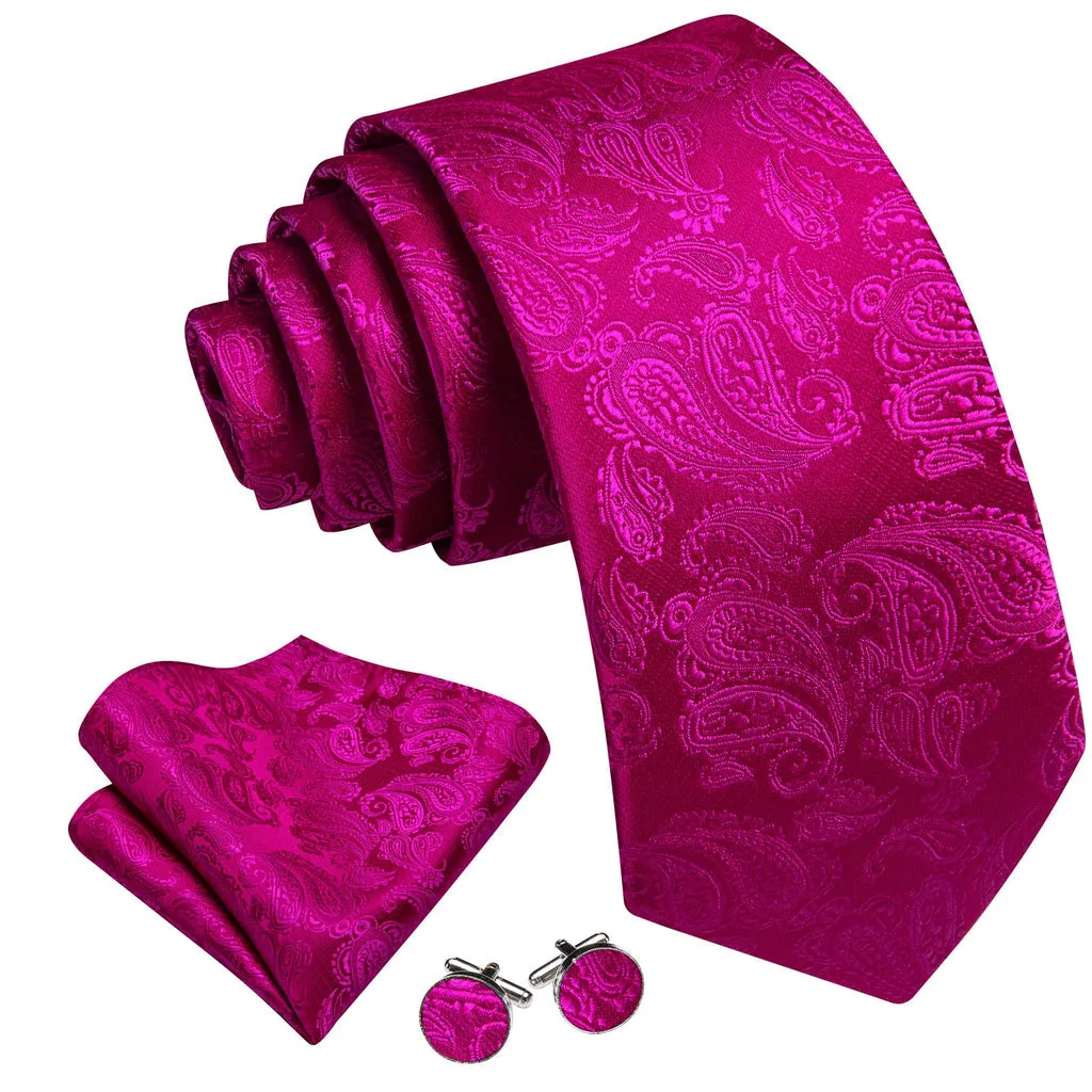 Violet and Red Paisley Jacquard Tie, Pocket Square, and Cufflinks Set