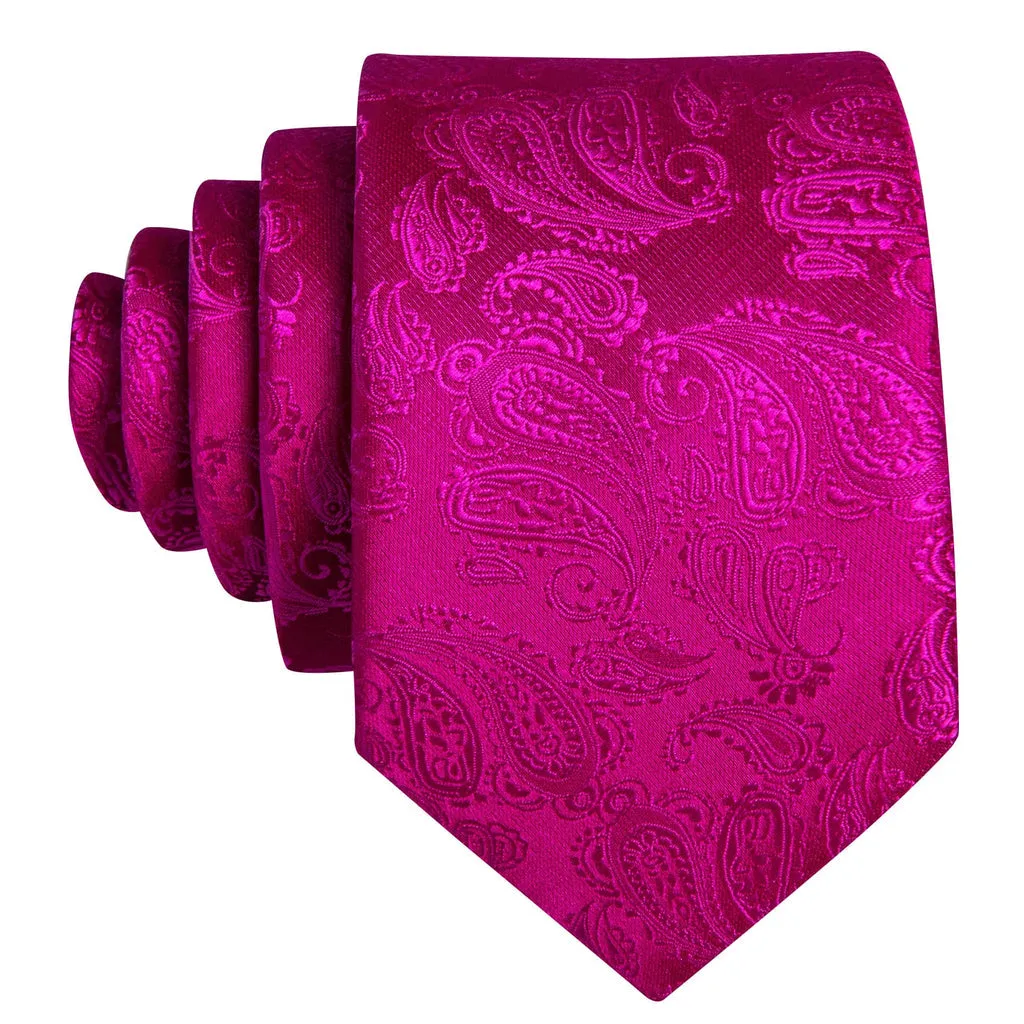 Violet and Red Paisley Jacquard Tie, Pocket Square, and Cufflinks Set