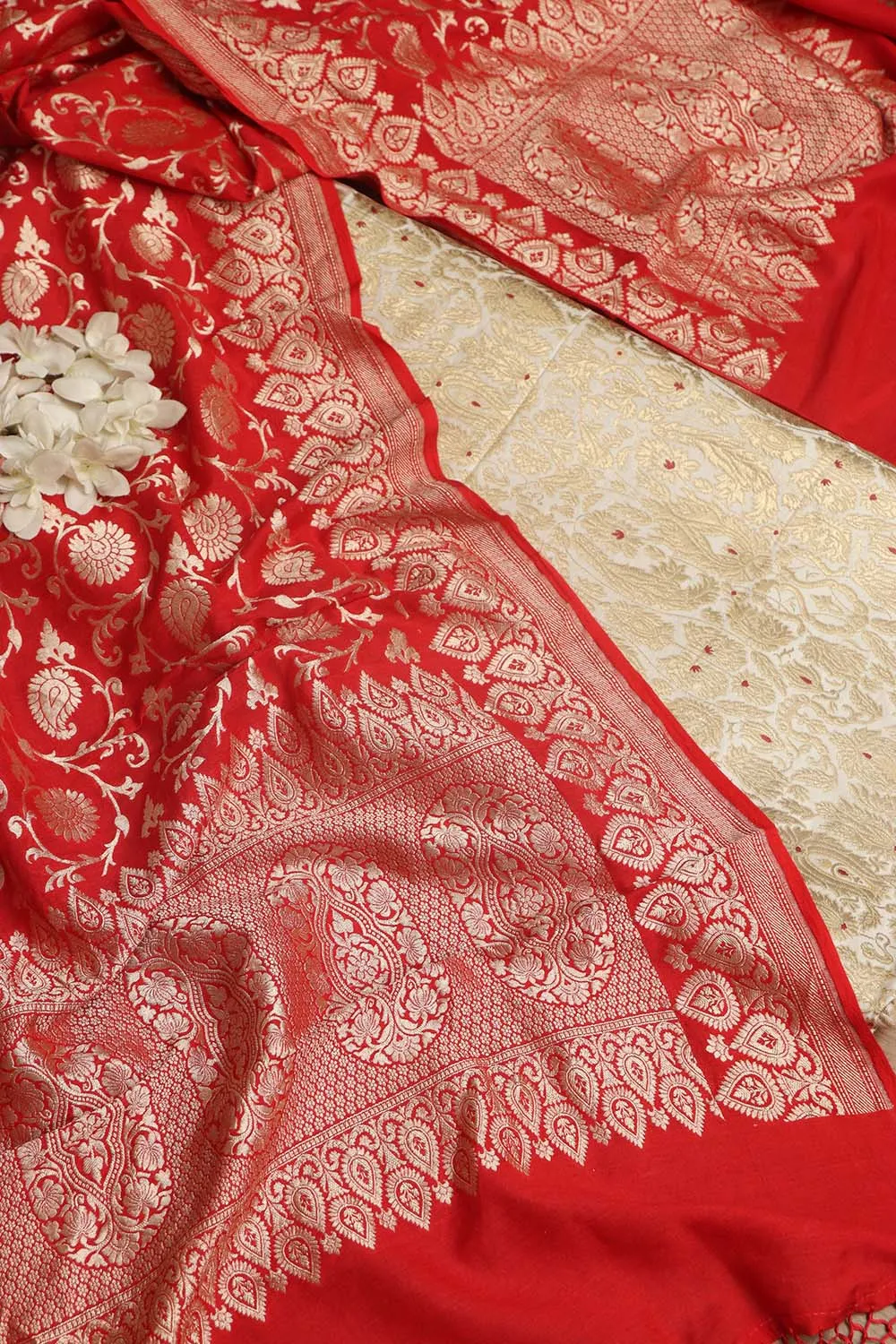 White Banarasi Kimkhwab Silk Suit With Red Banarasi Handloom Pure Georgette Dupatta