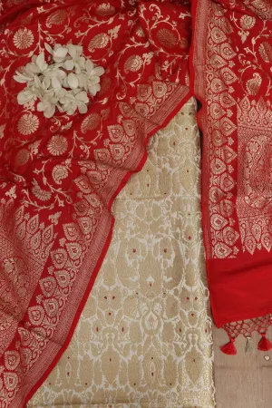 White Banarasi Kimkhwab Silk Suit With Red Banarasi Handloom Pure Georgette Dupatta